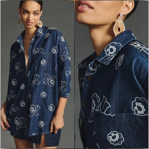 Anthropologie, Maeve Oversized Denim Embroidered Button Front Shirt SZ Large - Picture 1 of 12